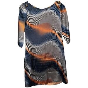 Collective Clothing Blue Orange Abstract Pattern 3/4 Sleeve Retro Dress Size S